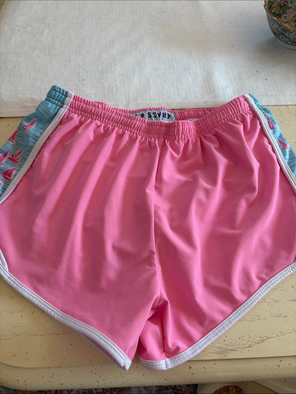 Krass and co Pink Athletic Shorts with Light Blue Sailboat Trim